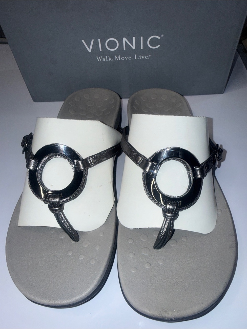 Vionic White and Black Ring-Accent Slide Sandals